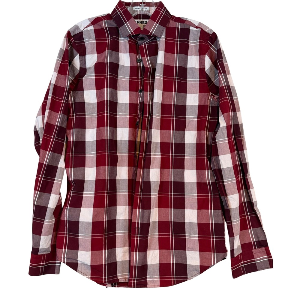 Express Mens Extra Slim Fit Plaid Button Down Shirt Red Burgundy White •M• Prep